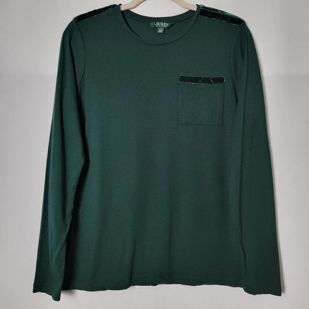 Lauren Ralph Lauren Womens Green Velvet Accents Long Sleeve Top Large - Picture 2 of 10